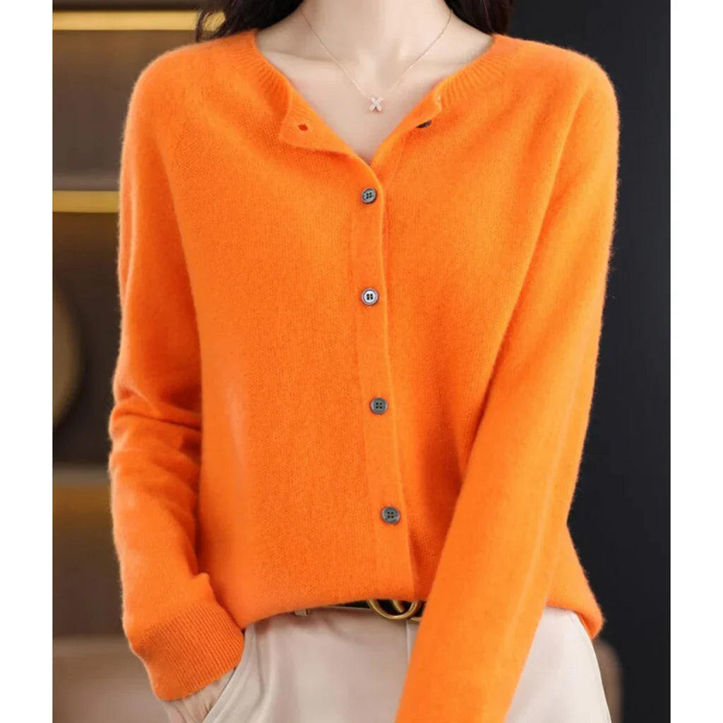 Rosalind button down cardigan in orange, front view close-up