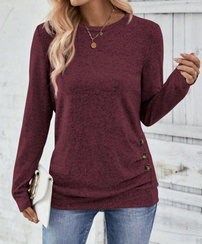 Rosalind burgundy heathered long sleeve tunic top, close-up front view