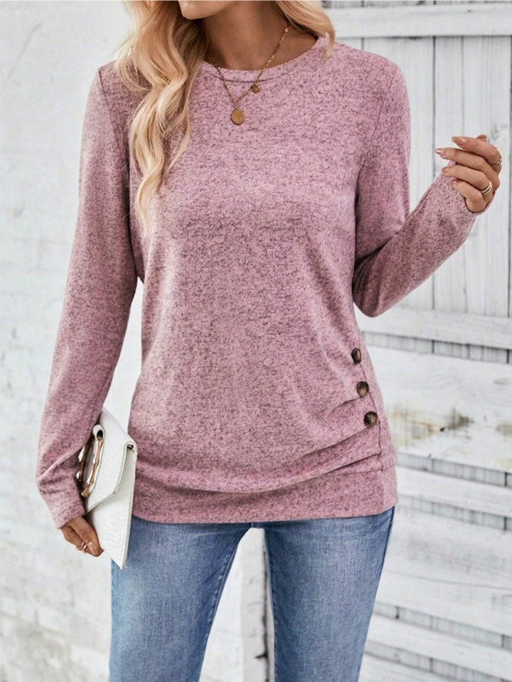 Rosalind pink heathered long sleeve tunic top with side button detail, front view