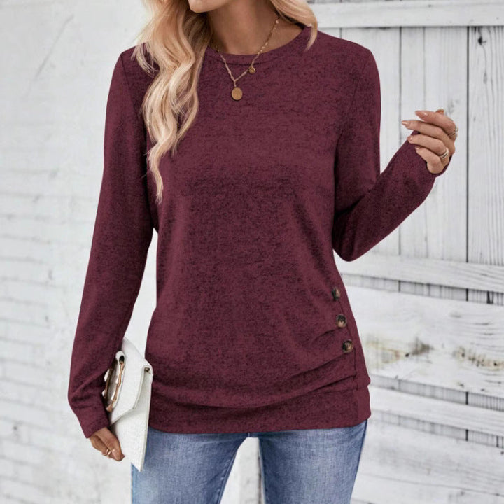 Rosalind burgundy heathered long sleeve tunic top with side buttons, front view