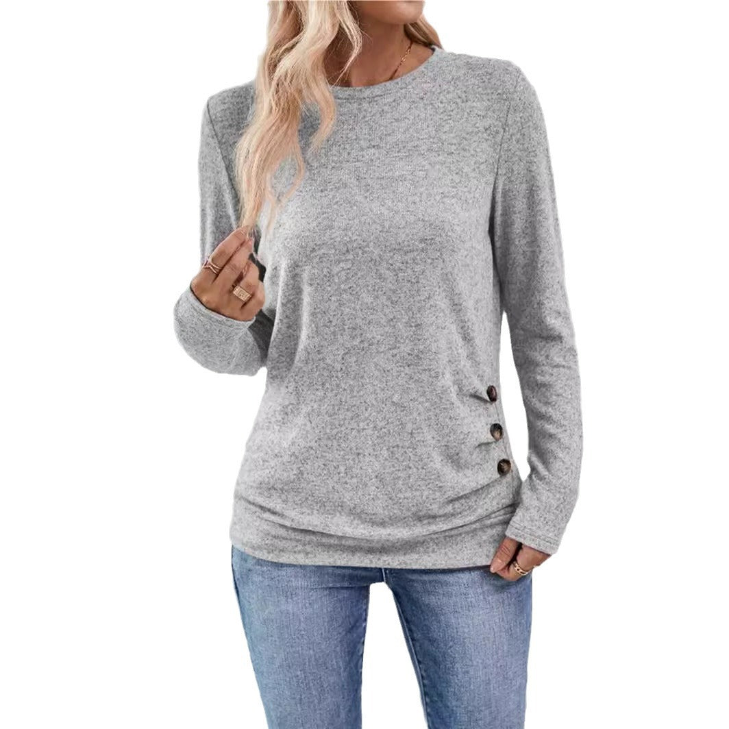 Rosalind light gray heathered long sleeve tunic top with side buttons, front view