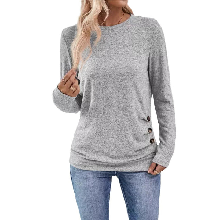 Rosalind light gray heathered long sleeve tunic top with side buttons, front view