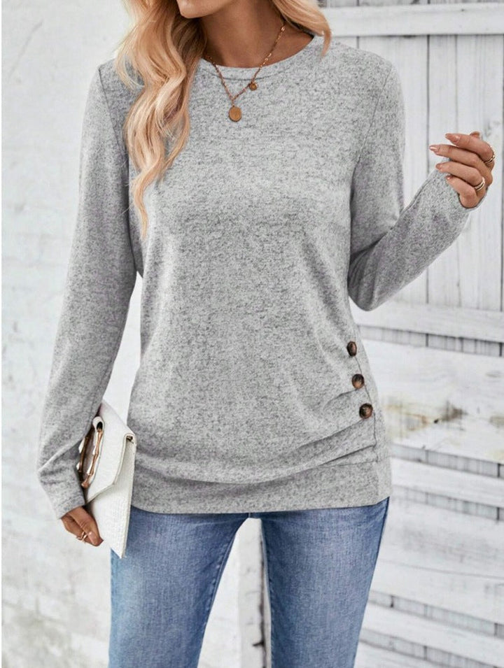 Rosalind light gray heathered long sleeve tunic top, close-up view