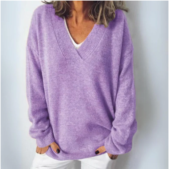 Rosalind purple casual V-neck long sleeve sweater, front view