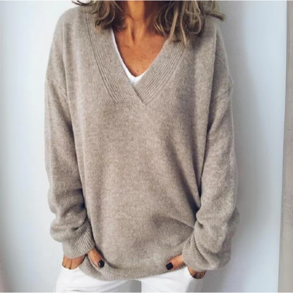 Rosalind beige casual V-neck long sleeve sweater, front view