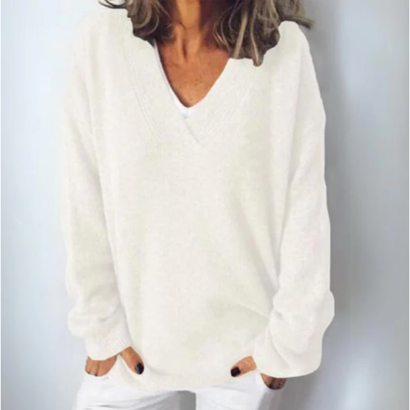 Rosalind white casual V-neck long sleeve sweater, front view