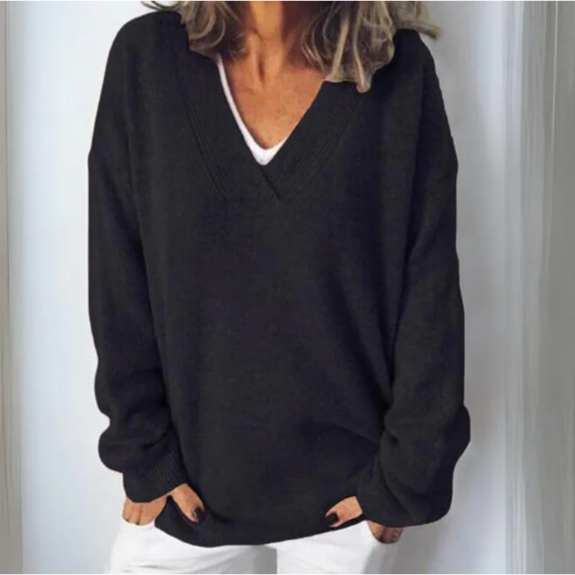Rosalind black casual V-neck long sleeve sweater, front view