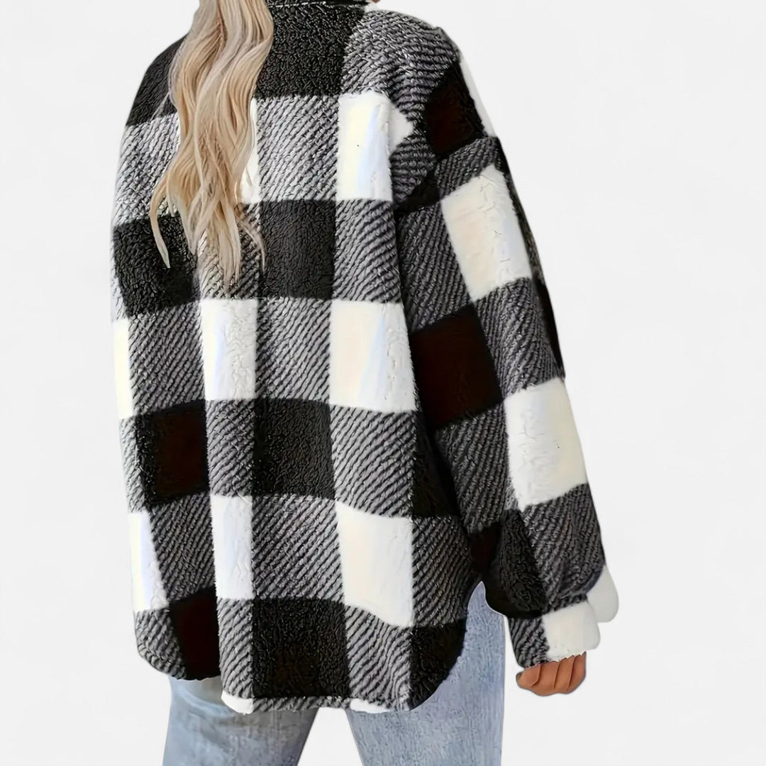 Rosalind black and white checkered plush jacket, back view