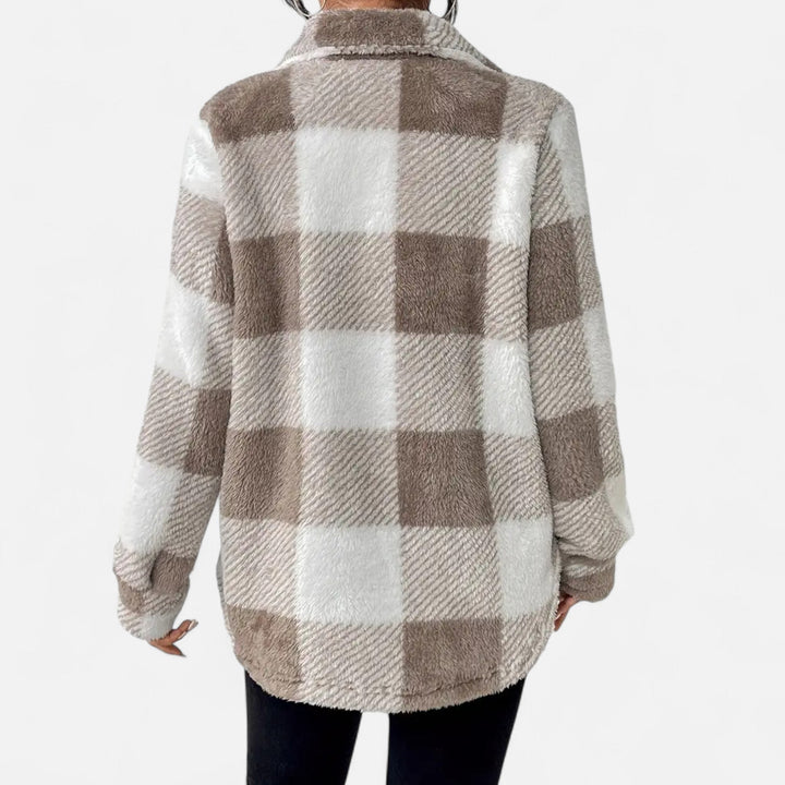 Rosalind taupe checkered plush jacket, back view