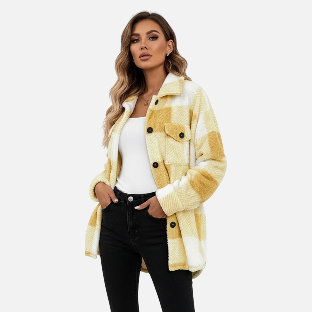 Rosalind yellow checkered plush jacket, front view with hands in pockets
