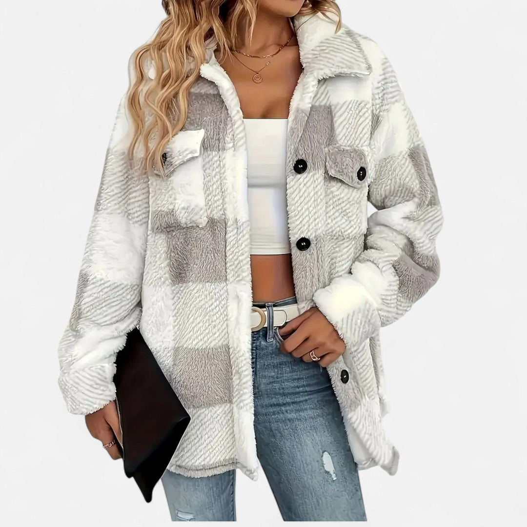 Rosalind grey checkered plush jacket, close-up front view unbuttoned