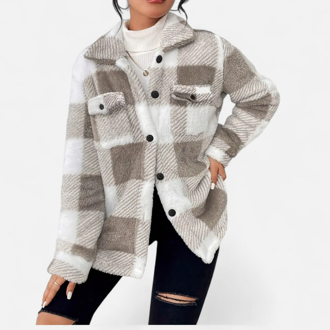 Rosalind taupe checkered plush jacket, front view with hand on hip