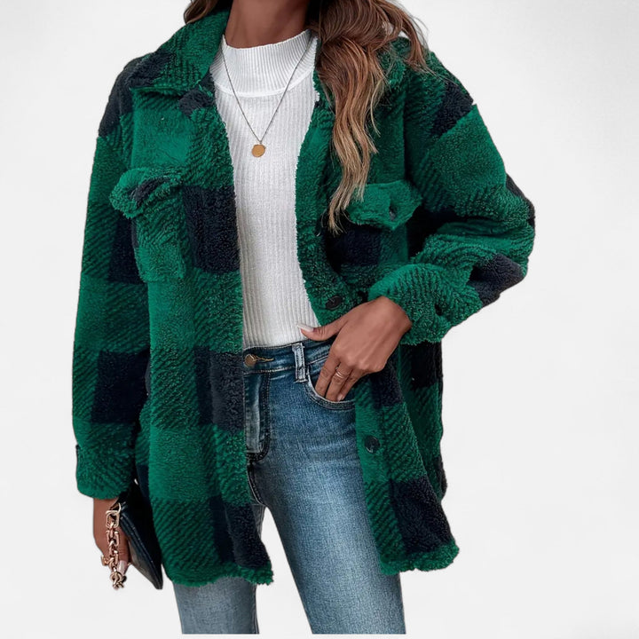 Rosalind green checkered plush jacket, close-up front view