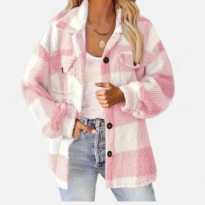 Rosalind pink checkered plush jacket, close-up front view with hands in pockets