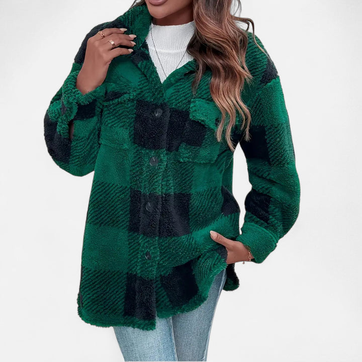 Rosalind green checkered plush jacket, close-up front view with hand on collar