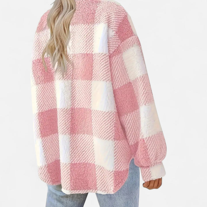 Rosalind pink checkered plush jacket, back view