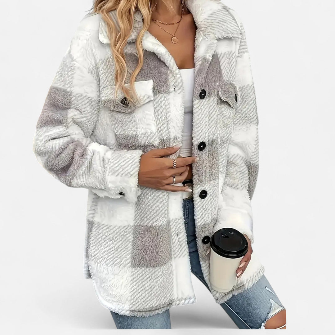 Rosalind grey checkered plush jacket, front view holding clutch