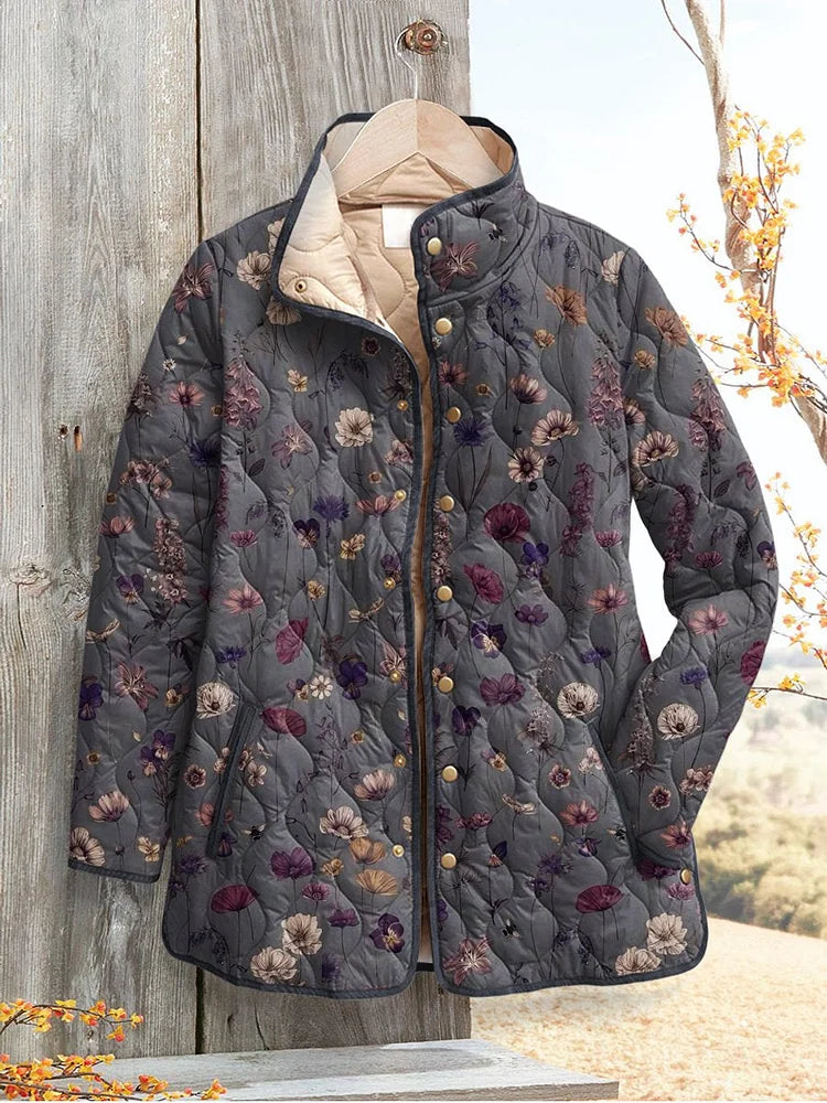 Rosalind floral print quilted jacket on hanger, front view