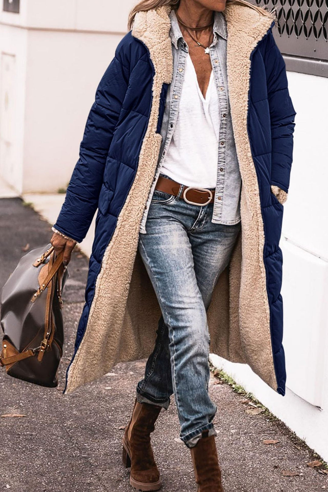 Rosalind hooded long puffer coat in navy with sherpa trim, front view