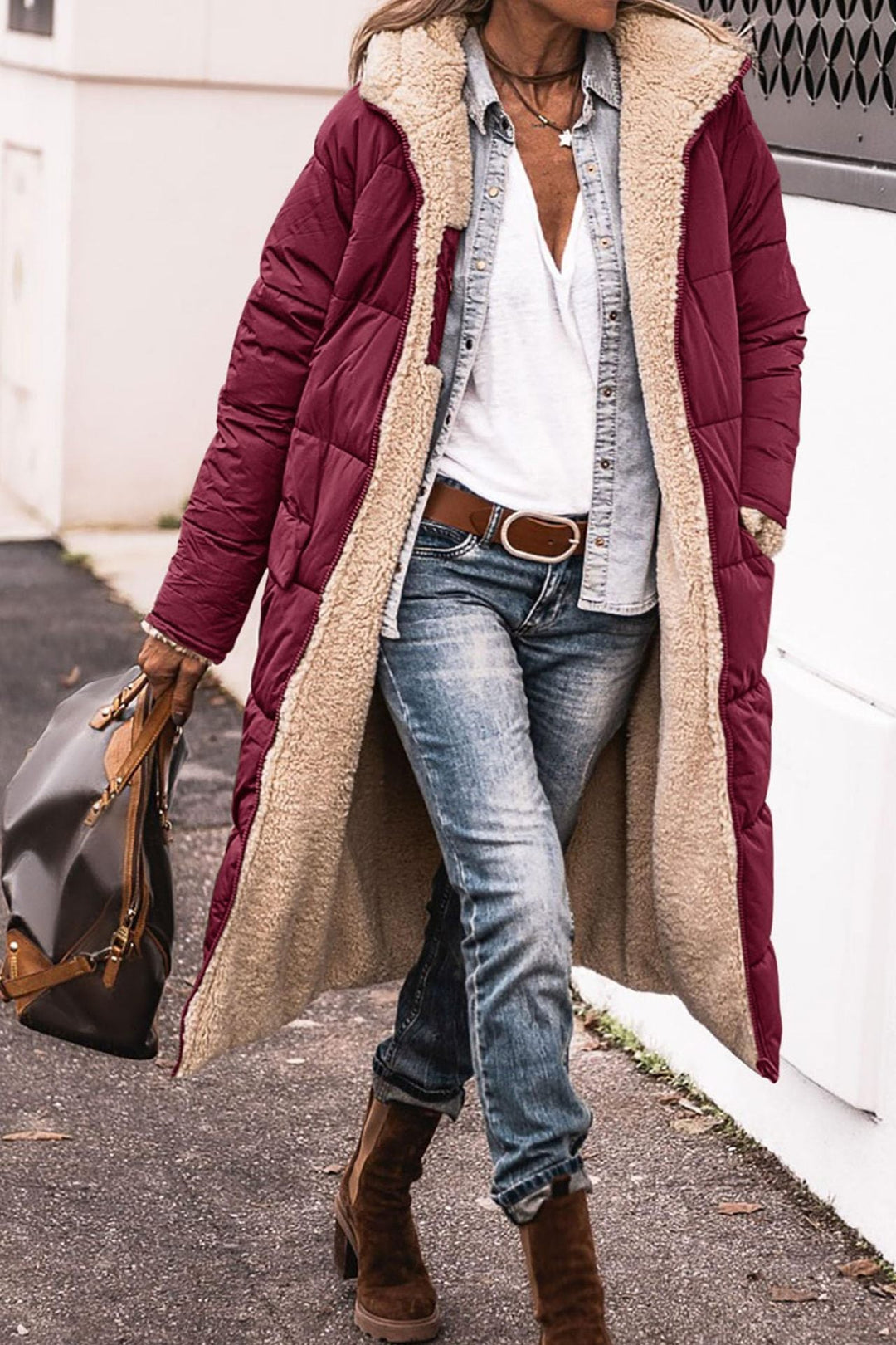 Rosalind hooded long puffer coat in burgundy with sherpa lining, front view