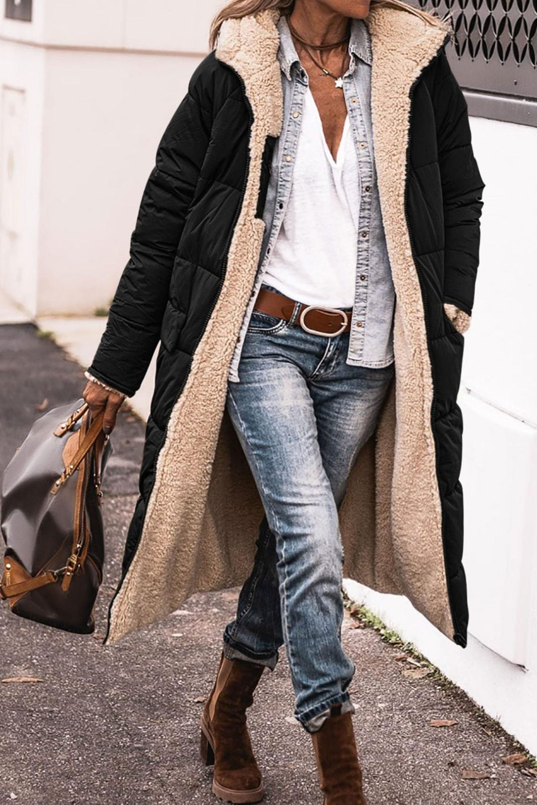 Rosalind hooded long puffer coat in black with sherpa lining, front view