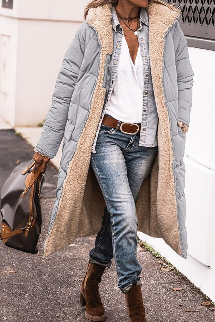 Rosalind hooded long puffer coat in grey with sherpa lining, front view