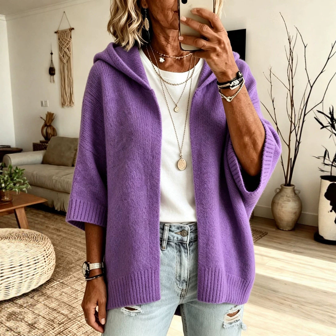 Rosalind hooded open front long cardigan in purple, front view
