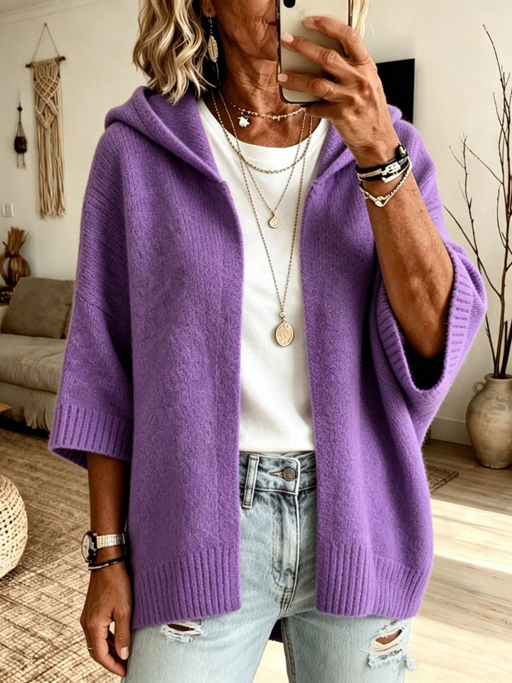 Rosalind hooded open front long cardigan in white, front view