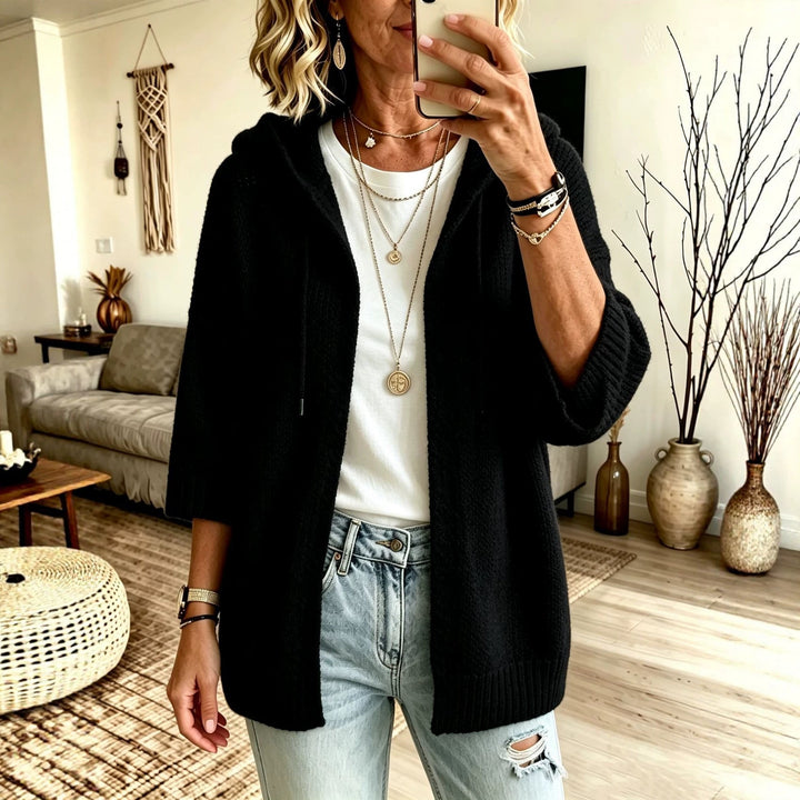 Rosalind hooded open front long cardigan in black, front view