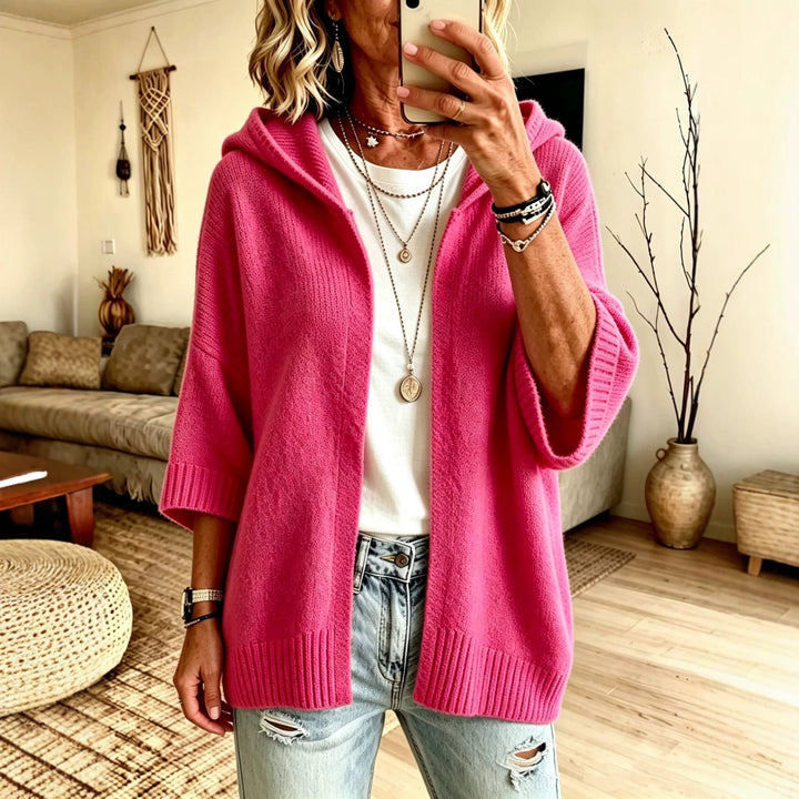 Rosalind hooded open front long cardigan in pink, front view