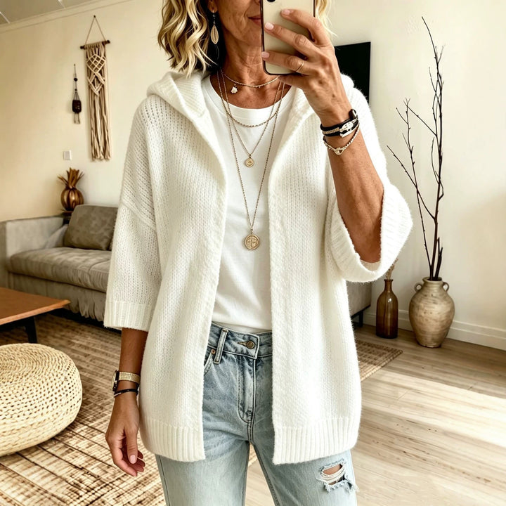 Rosalind hooded open front long cardigan in white, front view
