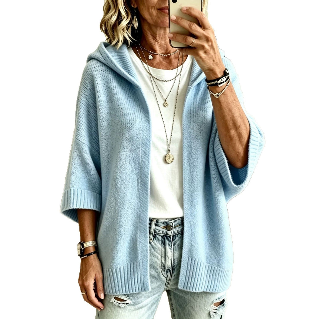 Rosalind hooded open front long cardigan in white, front view