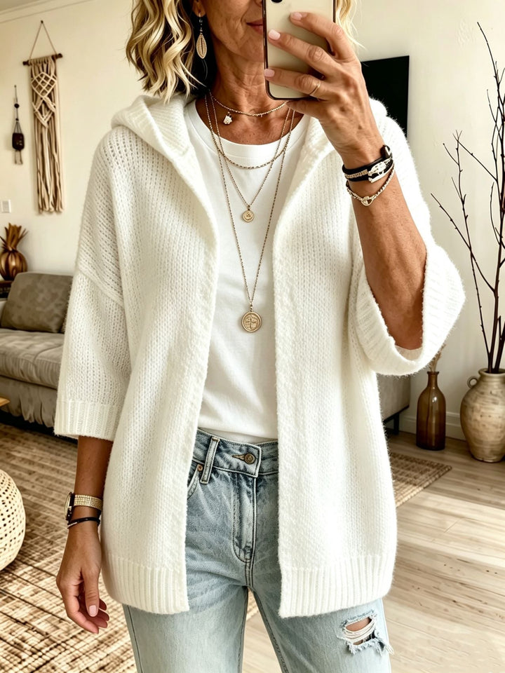 Rosalind hooded open front long cardigan in white, front view