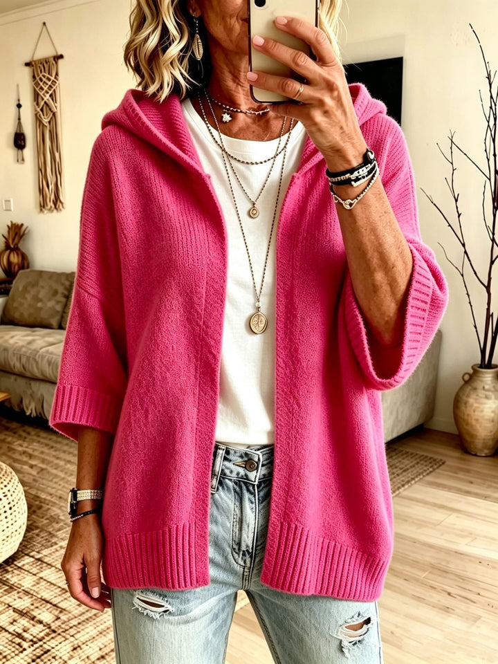 Rosalind hooded open front long cardigan in white, front view