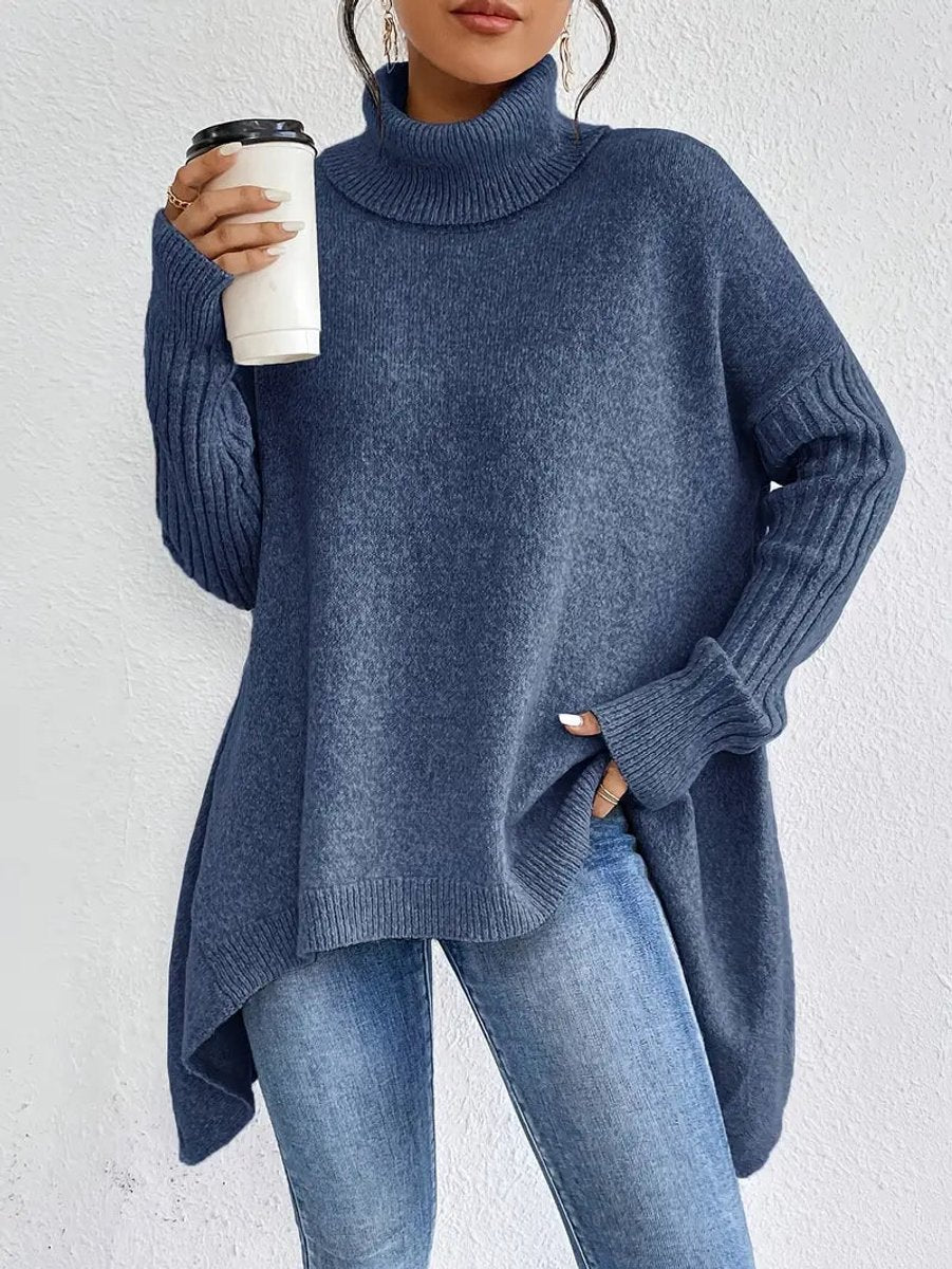 Rosalind oversized ribbed turtleneck sweater in ocean blue, front view