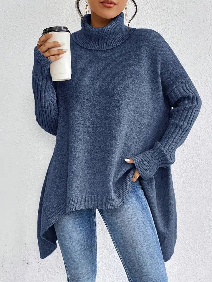 Rosalind oversized ribbed turtleneck sweater in ocean blue, front view