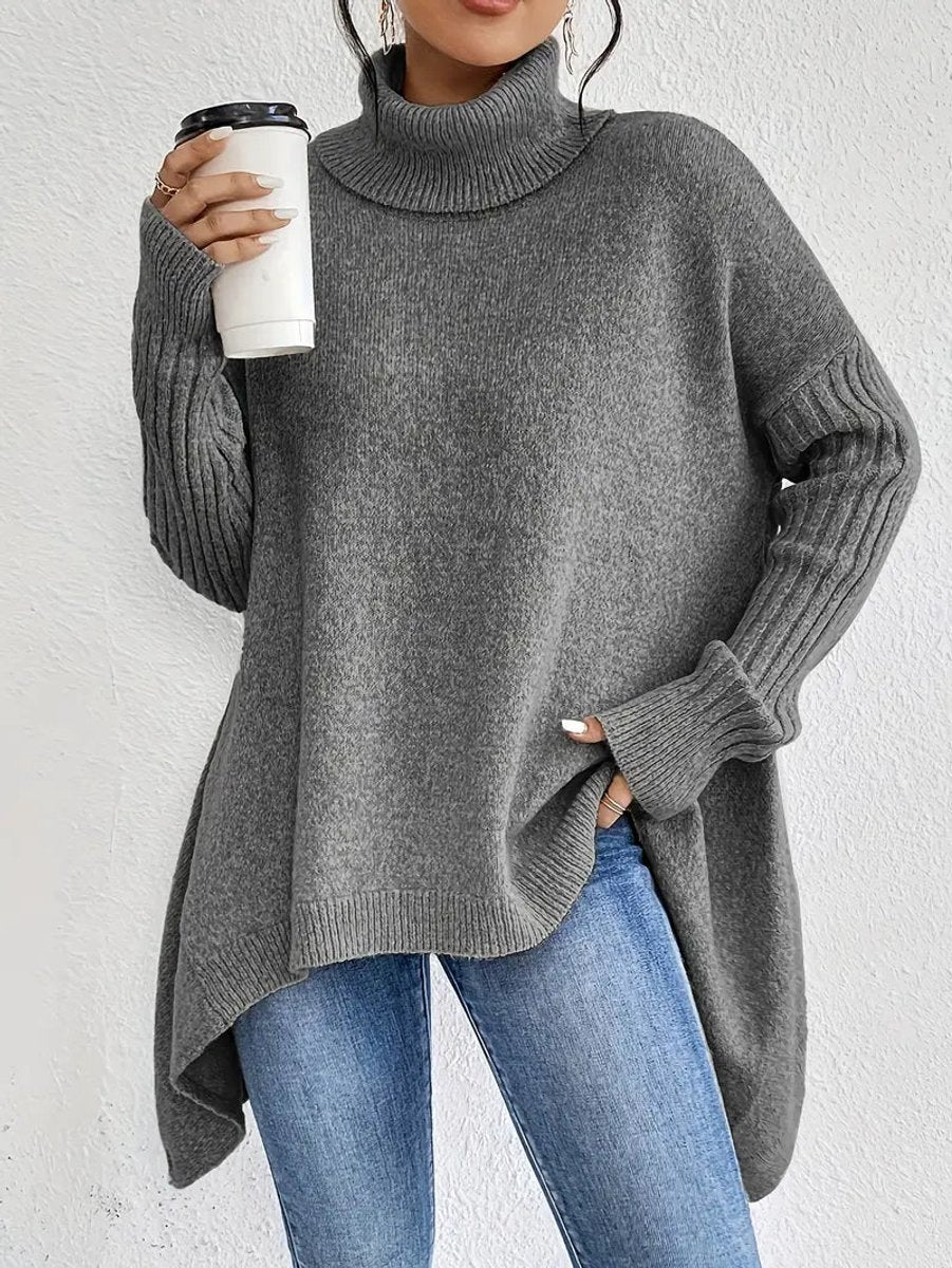 Rosalind oversized ribbed turtleneck sweater in stone gray, front view