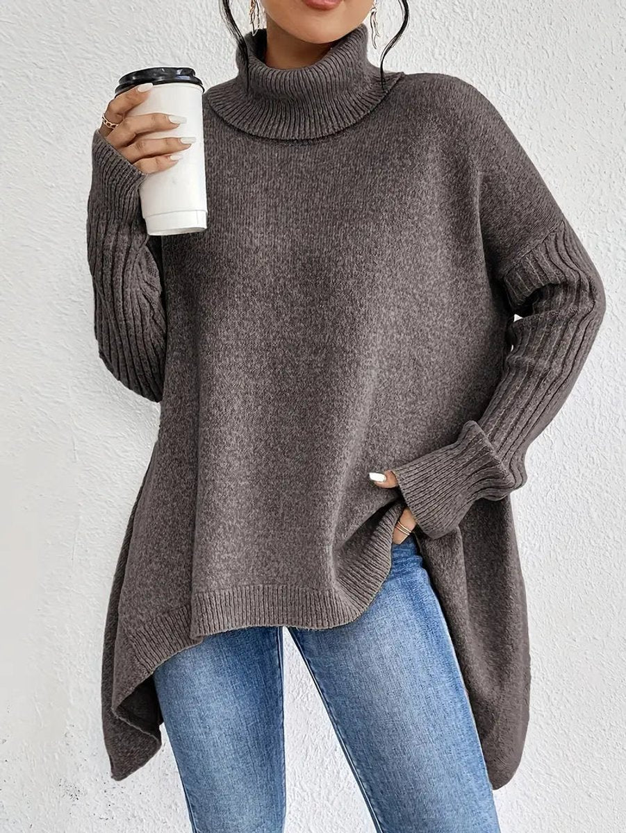 Rosalind oversized ribbed turtleneck sweater in espresso brown, front view