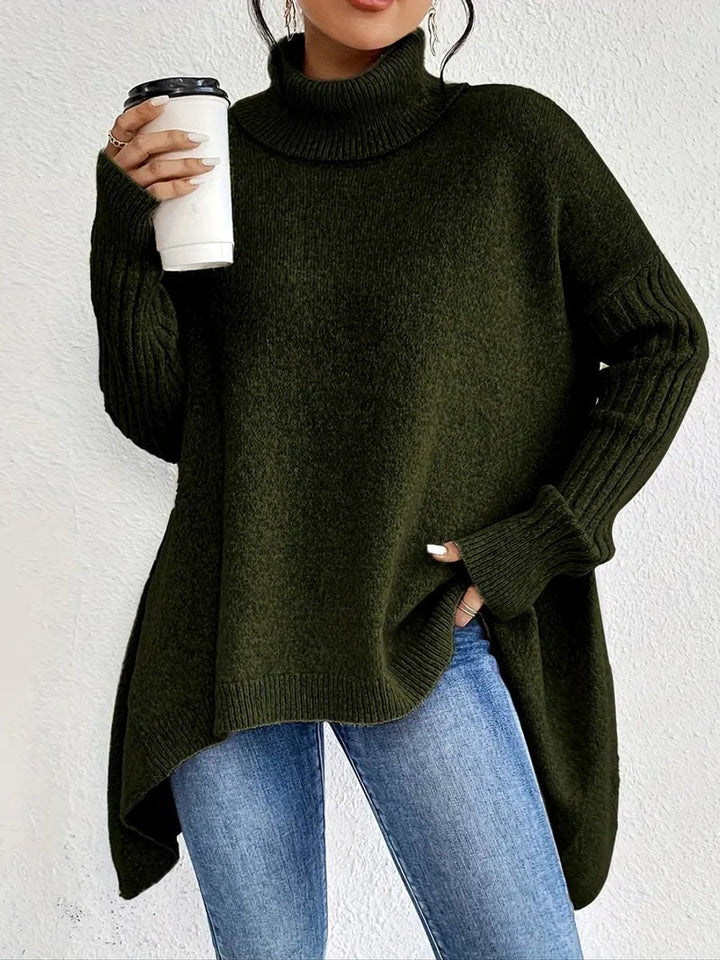 Rosalind oversized ribbed turtleneck sweater in pine green, front view