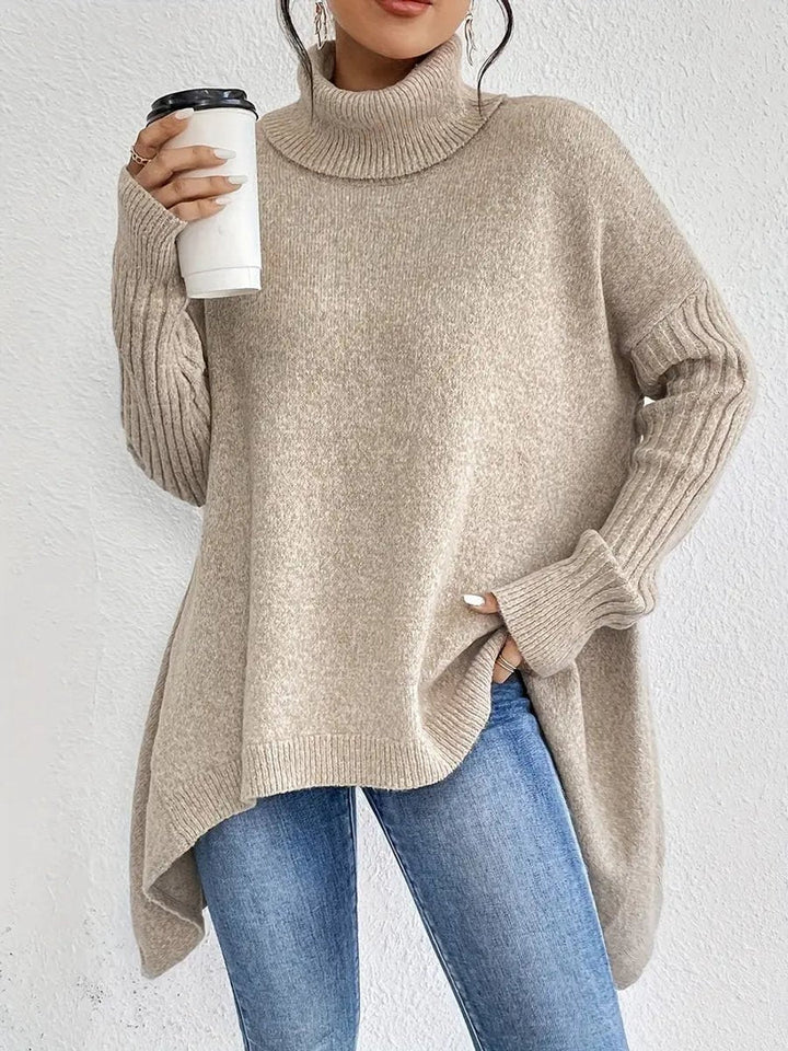 Rosalind oversized ribbed turtleneck sweater in pine green, front view