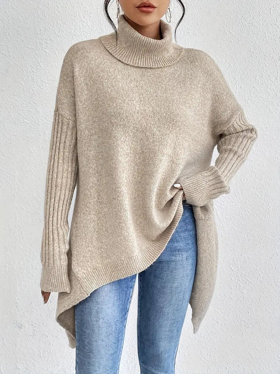 Rosalind oversized ribbed turtleneck sweater in pine green, front view