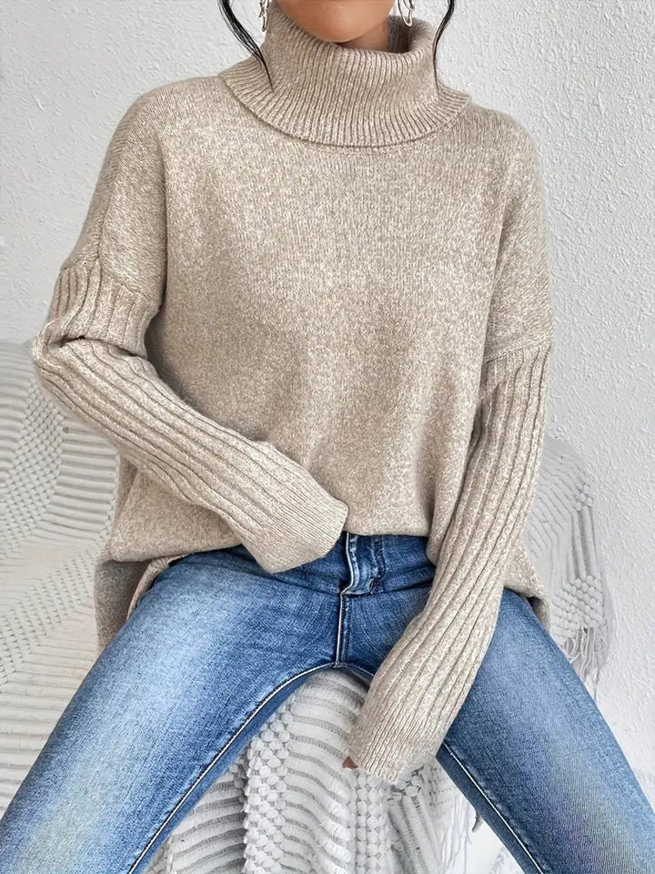 Rosalind oversized ribbed turtleneck sweater in pine green, front view