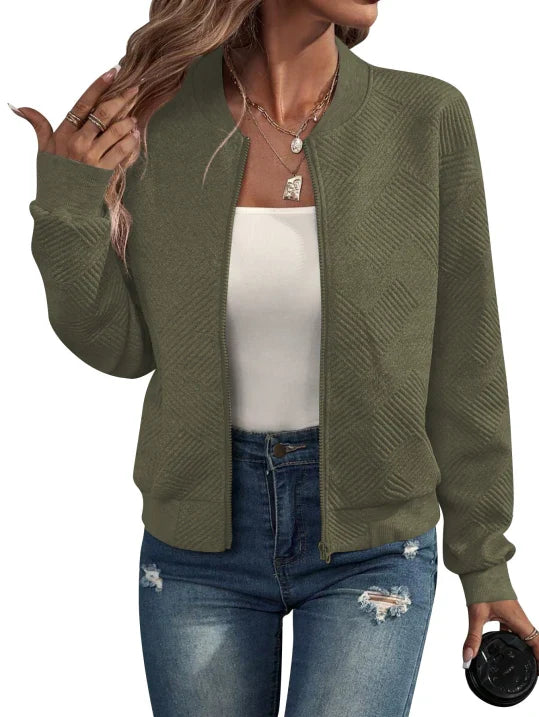 Rosalind olive green textured bomber jacket, front view