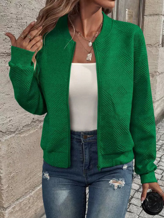 Rosalind olive green textured bomber jacket, front view