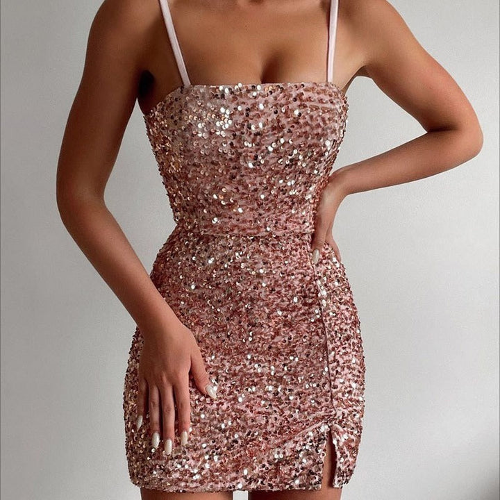 Rosalind sequin mini dress with spaghetti straps, front view