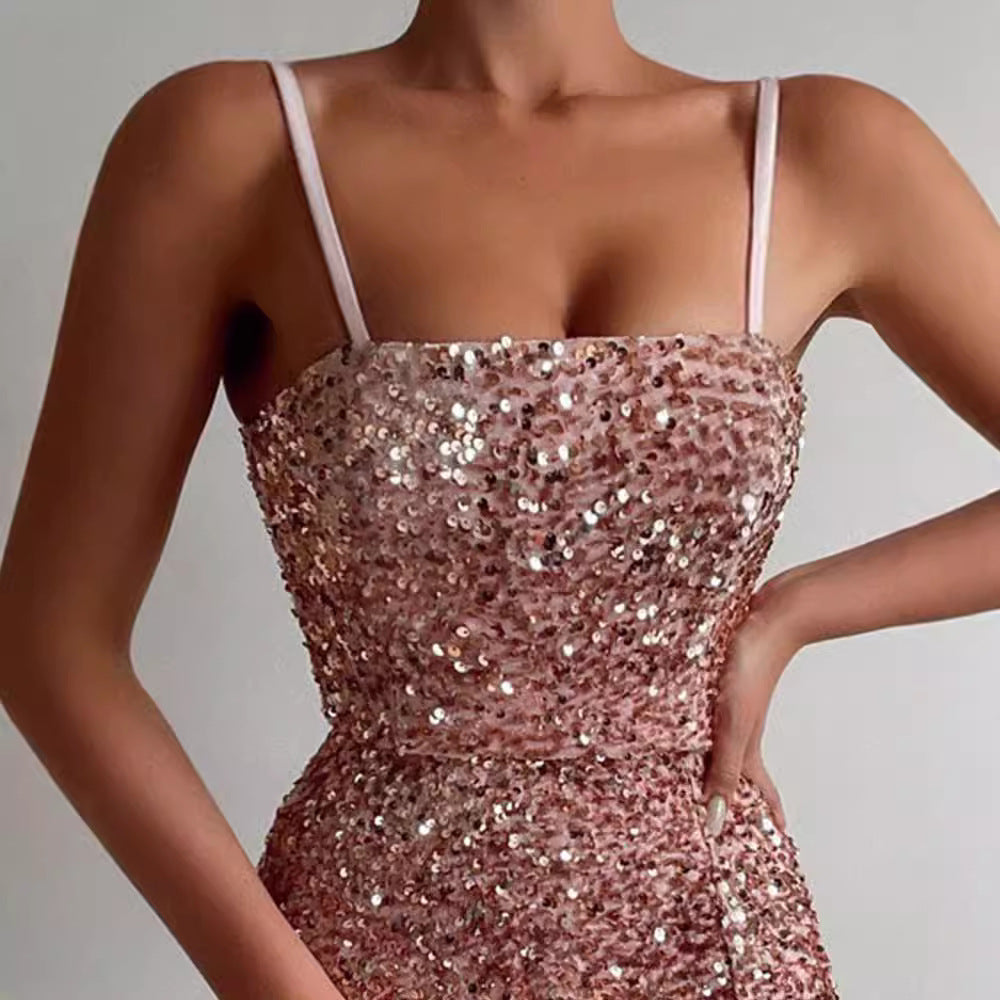 Rosalind sequin mini dress square neckline close-up, front view