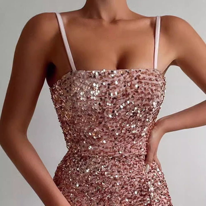 Rosalind sequin mini dress square neckline close-up, side angle