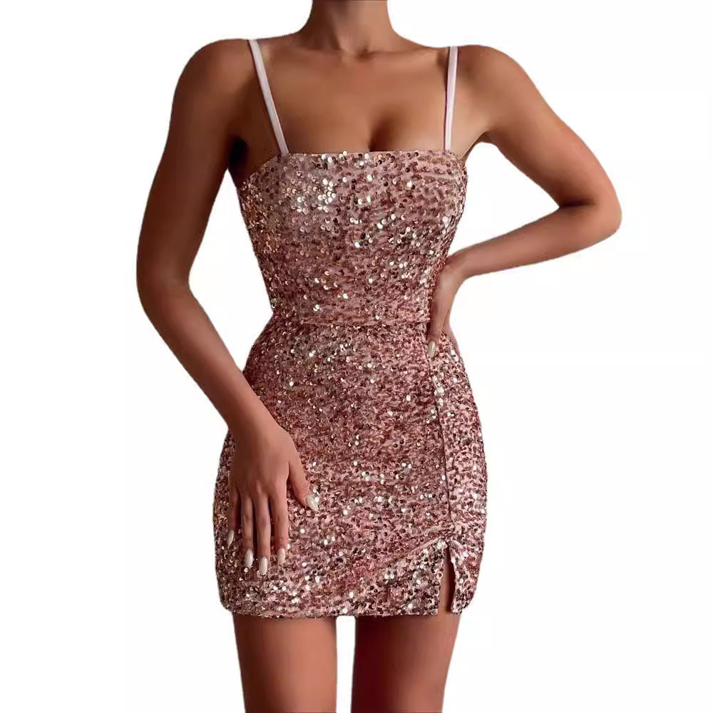 Rosalind sequin mini dress square neckline close-up, side angle