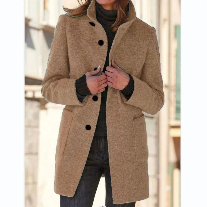 Rosalind stand collar button front midi coat in tan, front view