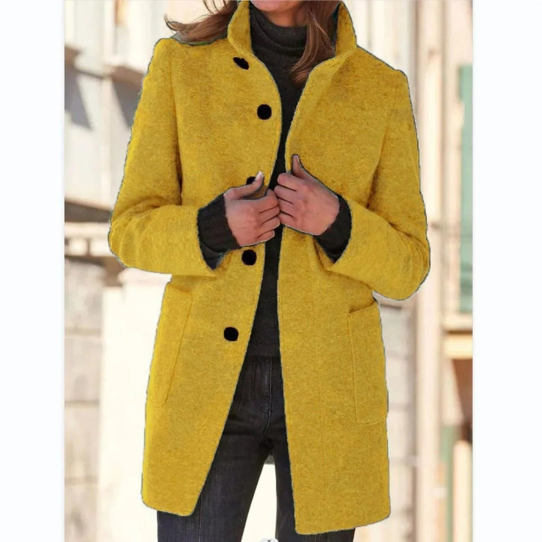 Rosalind stand collar button front midi coat in yellow, front view